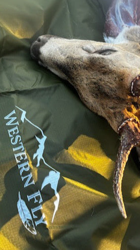 Deer head with antlers on a green blanket featuring 'Western Elk' branding.